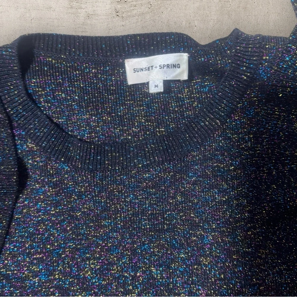 Sunset & Spring black metallic ruffle shoulder sweater glitter sz M preppy chic - Picture 6 of 14